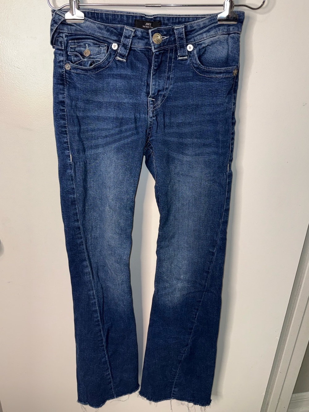 True Religion Joey Mid Rise Flare Jeans Size 27 Medium Wash Raw Hem Y2K